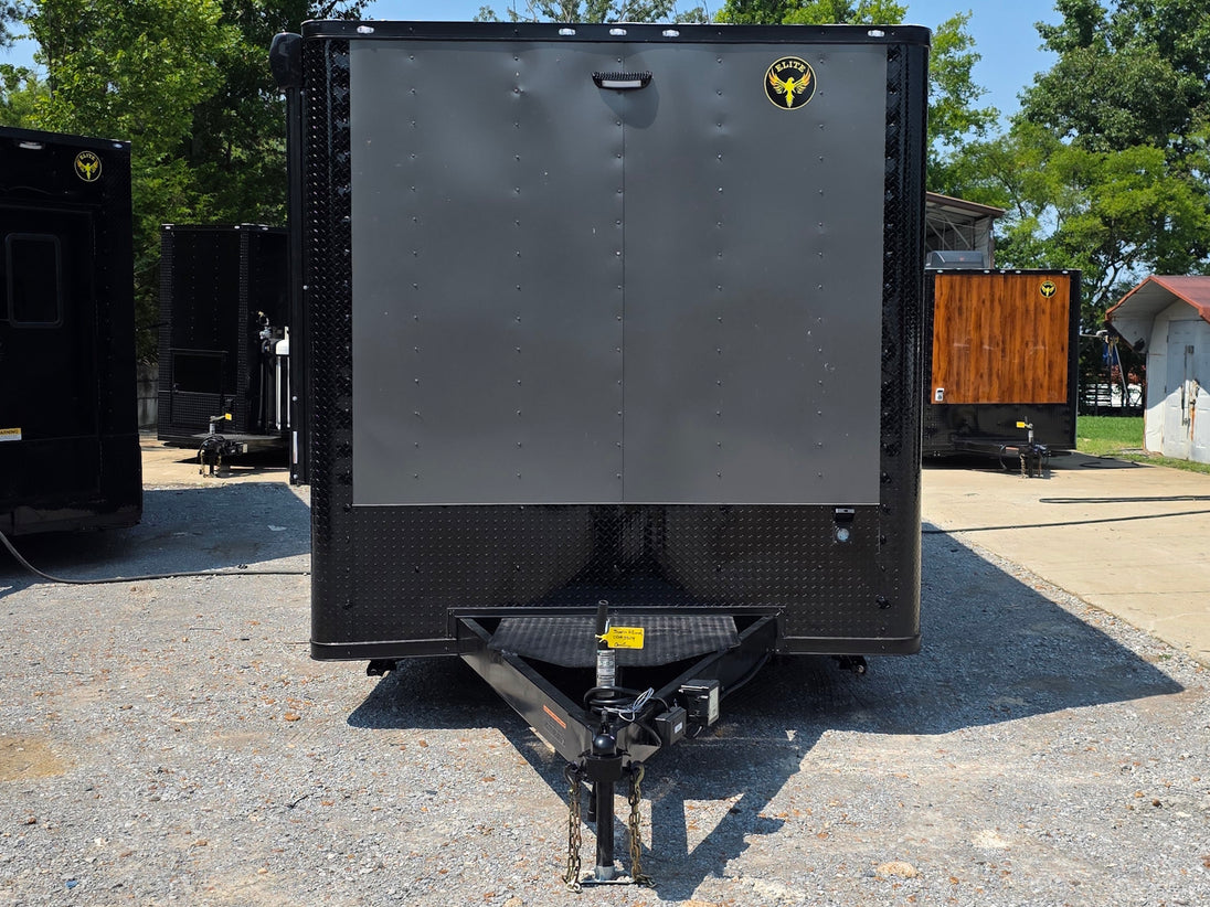 8.5' X 20' Charcoal Grey Custom Enclosed Trailer Mobile Office and Command Center Front side picture