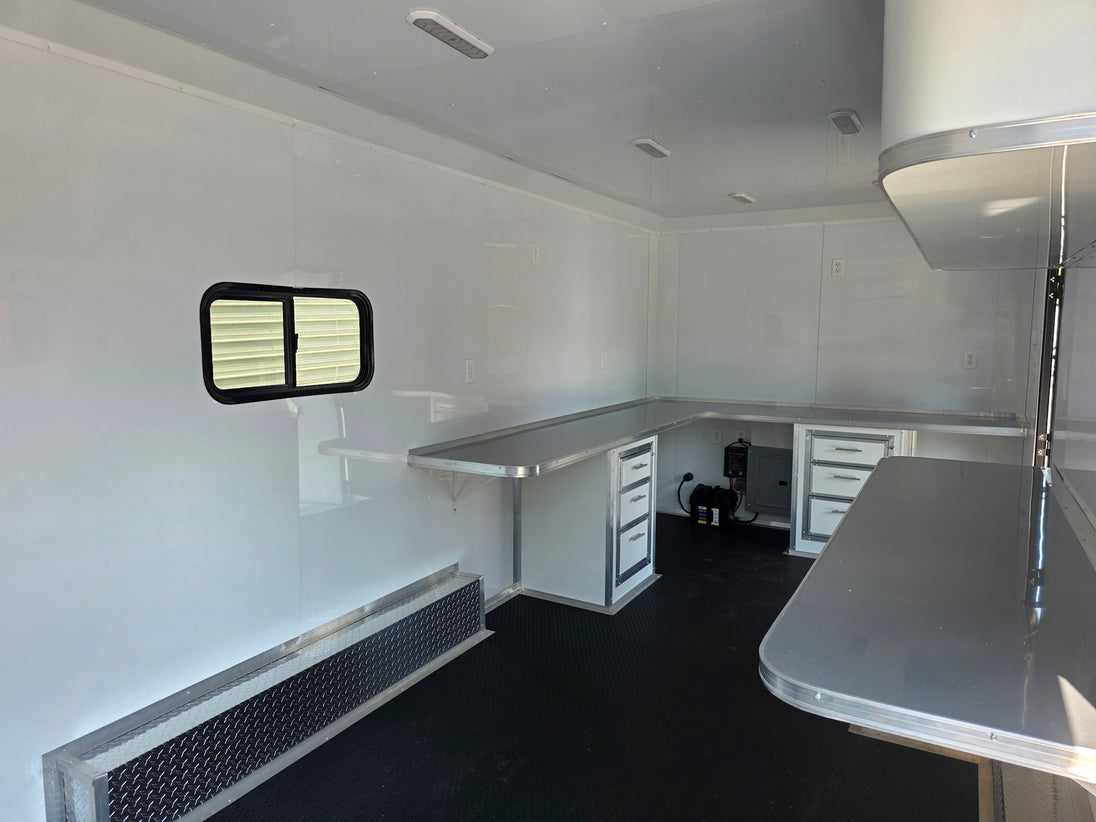 8.5' X 20' Charcoal Grey Custom Enclosed Trailer Mobile Office and Command Center Interior back right angle picture 