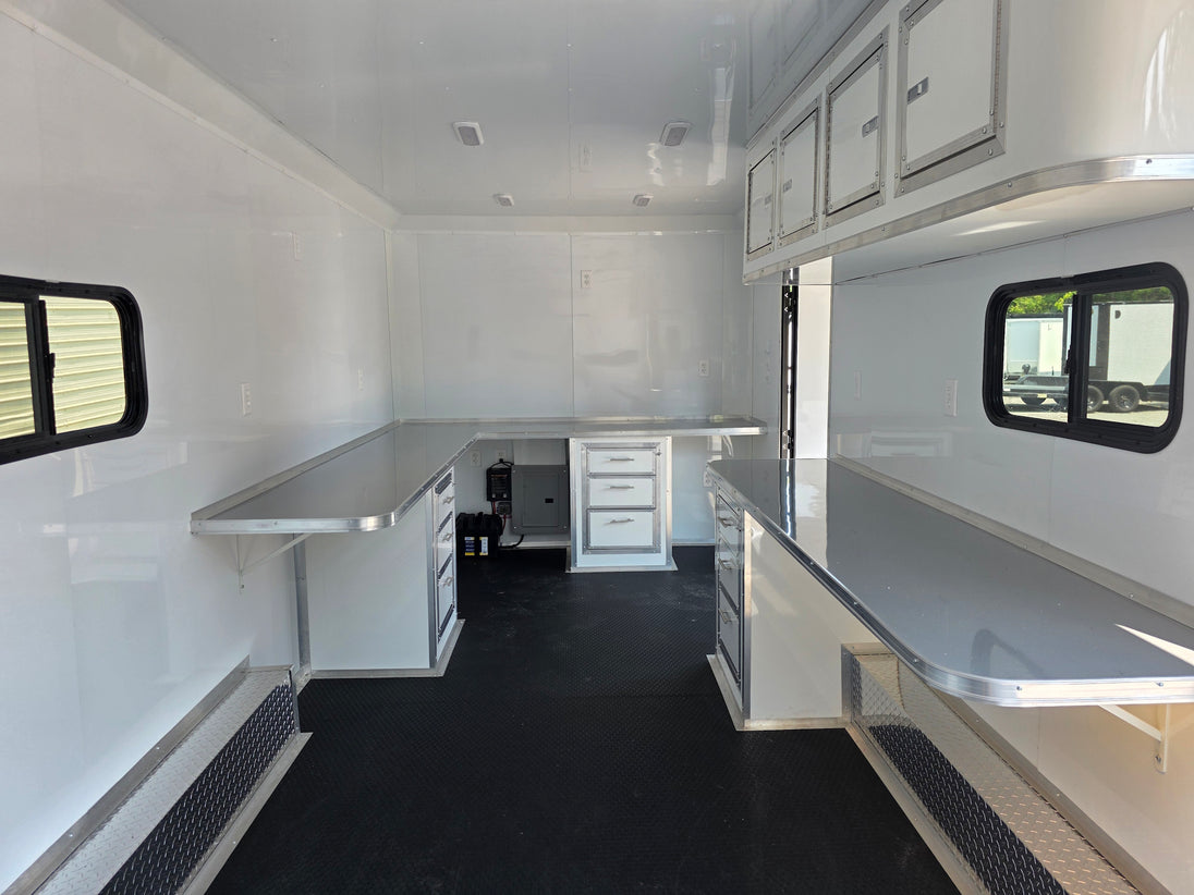 8.5' X 20' Charcoal Grey Custom Enclosed Trailer Mobile Office and Command Center Interior back side picture 