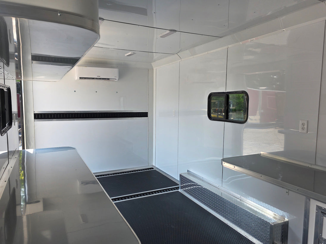 8.5' X 20' Charcoal Grey Custom Enclosed Trailer Mobile Office and Command Center Interior front left angle picture 