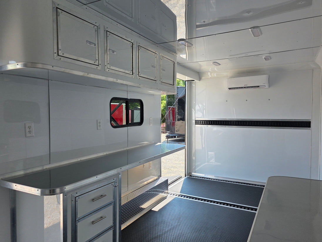 8.5' X 20' Charcoal Grey Custom Enclosed Trailer Mobile Office and Command Center Interior front right angle picture 