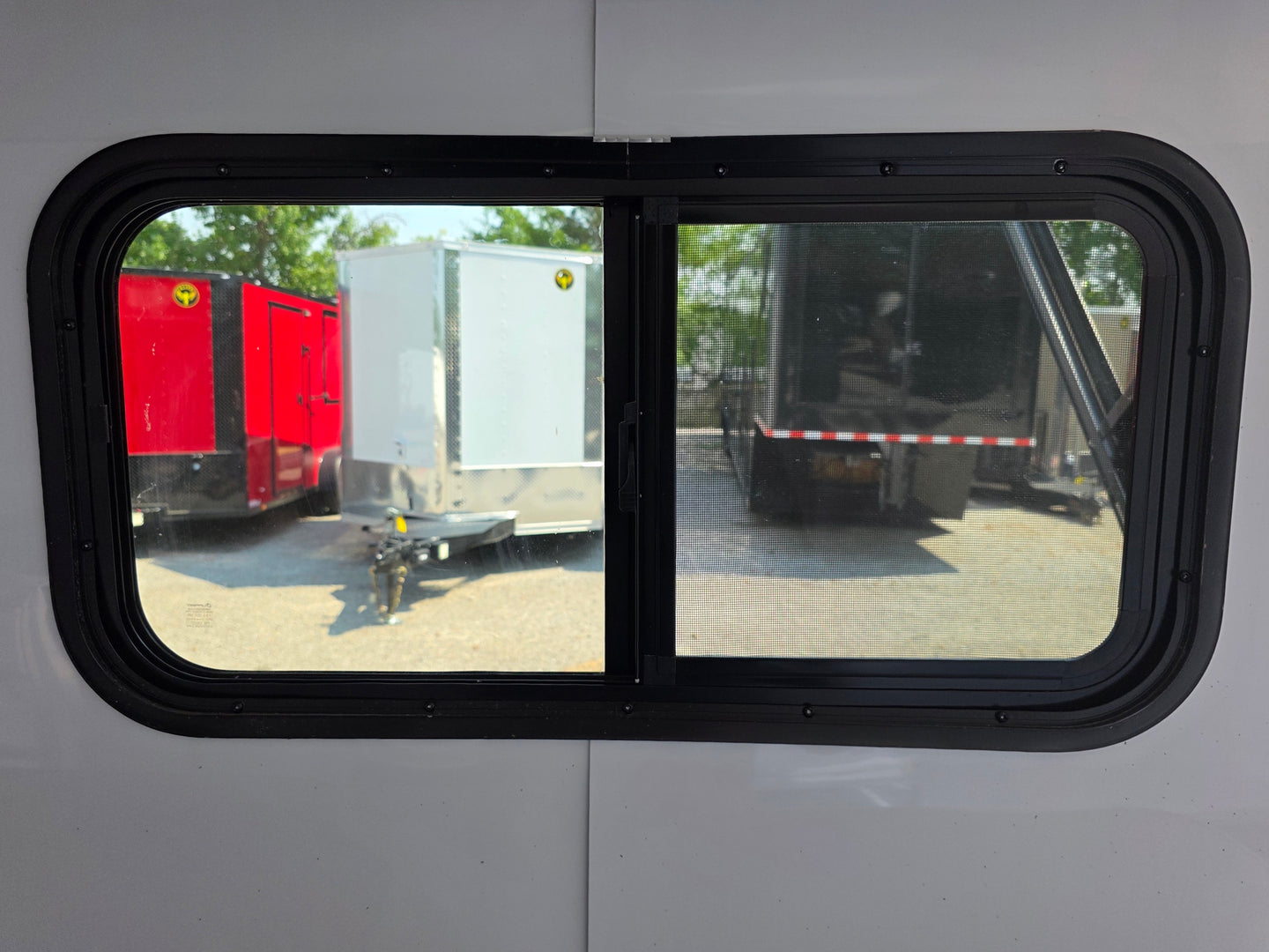 8.5' X 20' Charcoal Grey Custom Enclosed Trailer Mobile Office and Command Center Interior window picture 