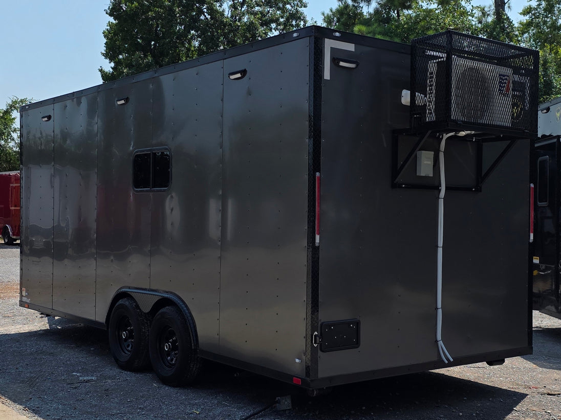 8.5' X 20' Charcoal Grey Custom Enclosed Trailer Mobile Office and Command Center Open back left angle picture 