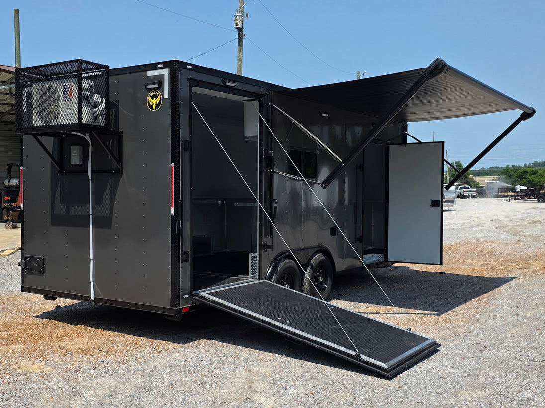 8.5' X 20' Charcoal Grey Custom Enclosed Trailer Mobile Office and Command Center Open back right angle picture 