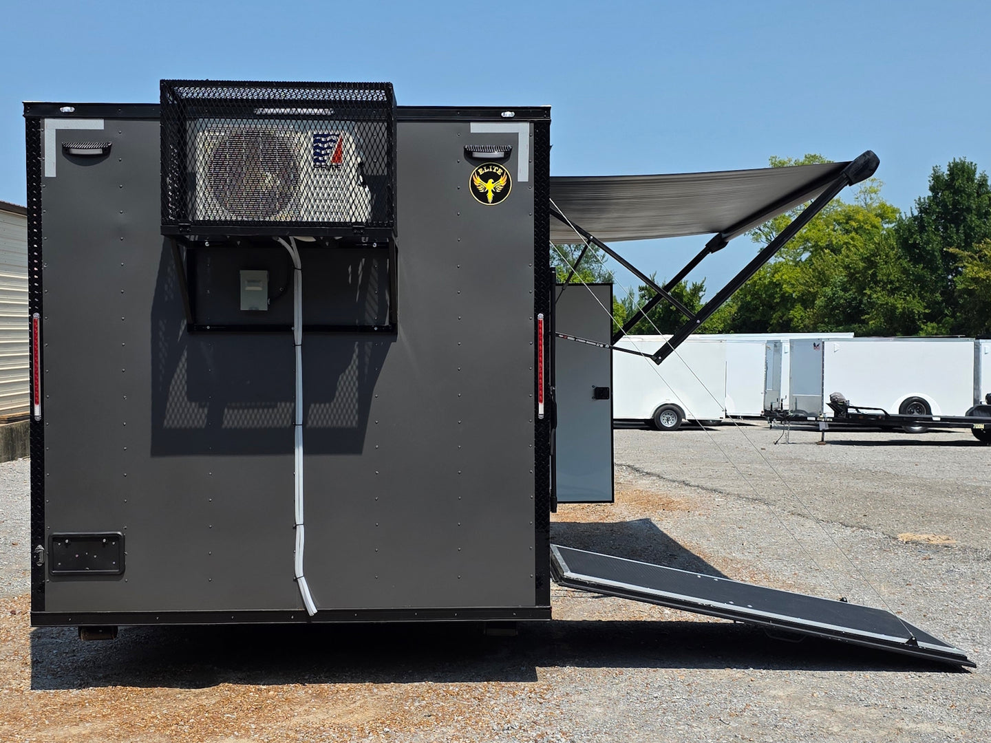 8.5' X 20' Charcoal Grey Custom Enclosed Trailer Mobile Office and Command Center Open back side picture 
