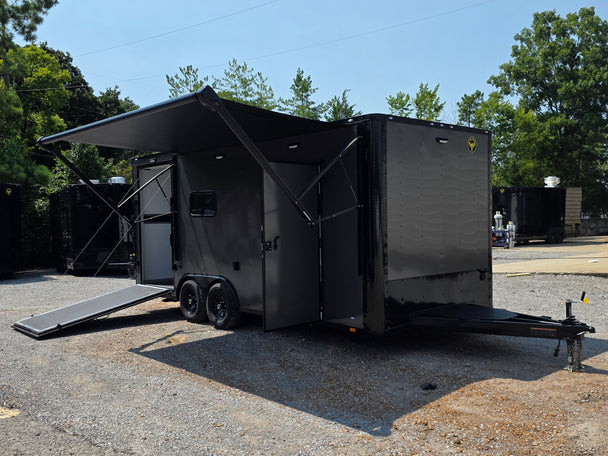 8.5' X 20' Charcoal Grey Custom Enclosed Trailer Mobile Office and Command Center Open front left angle picture 