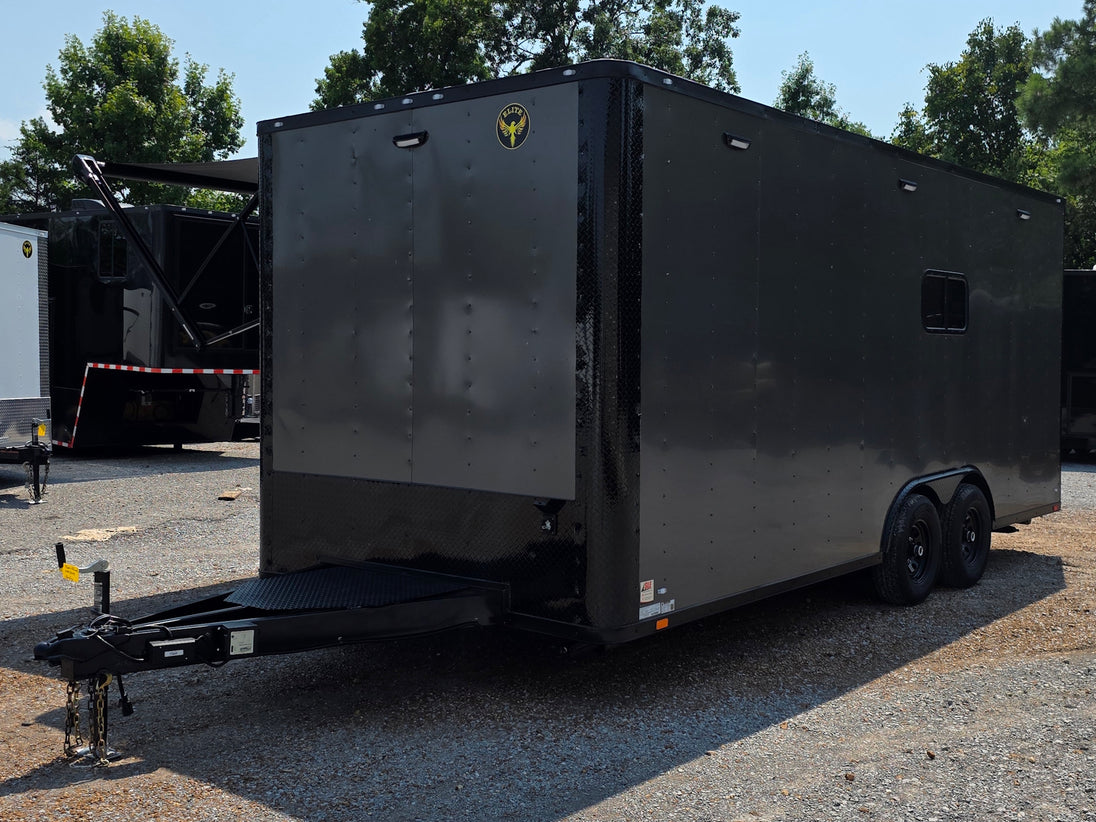 8.5' X 20' Charcoal Grey Custom Enclosed Trailer Mobile Office and Command Center Open front right angle picture 