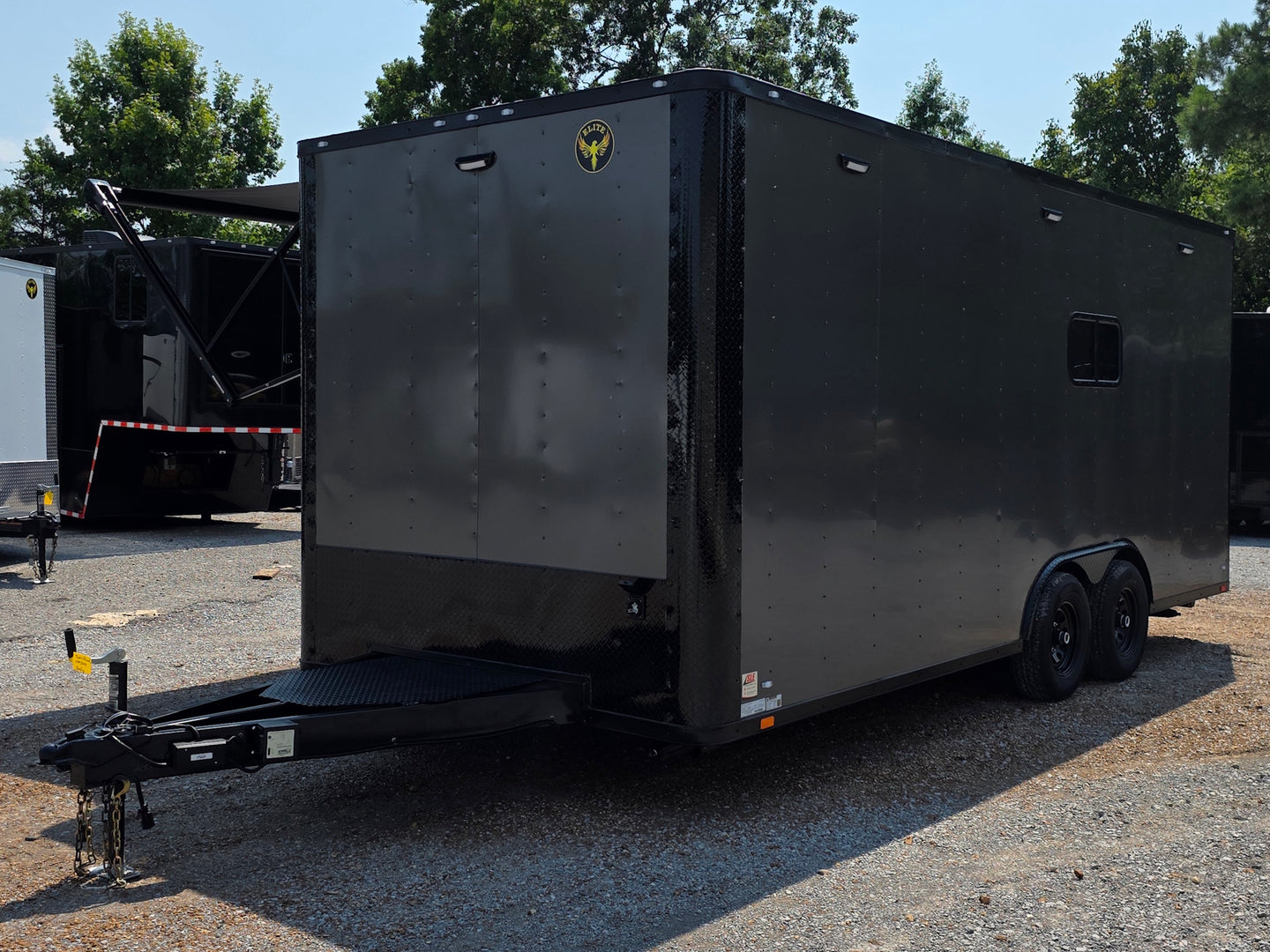 8.5' X 20' Charcoal Grey Custom Enclosed Trailer Mobile Office and Command Center Open front right angle picture 