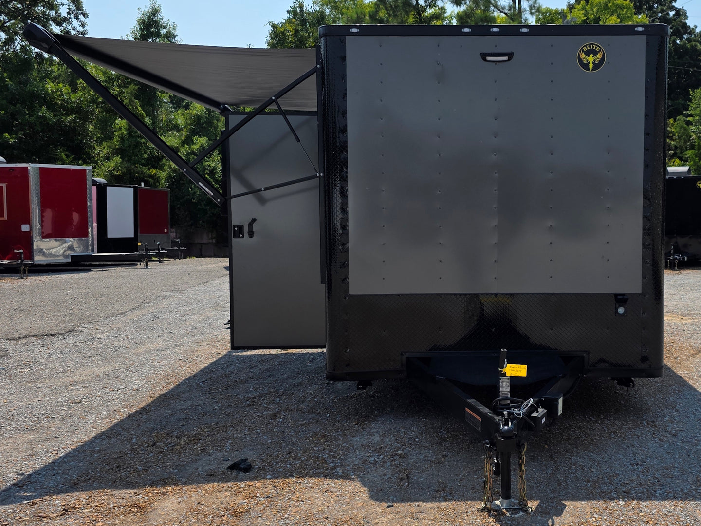 8.5' X 20' Charcoal Grey Custom Enclosed Trailer Mobile Office and Command Center Open front side picture 
