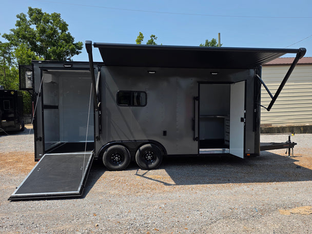 8.5' X 20' Charcoal Grey Custom Enclosed Trailer Mobile Office and Command Center Open left angle picture 