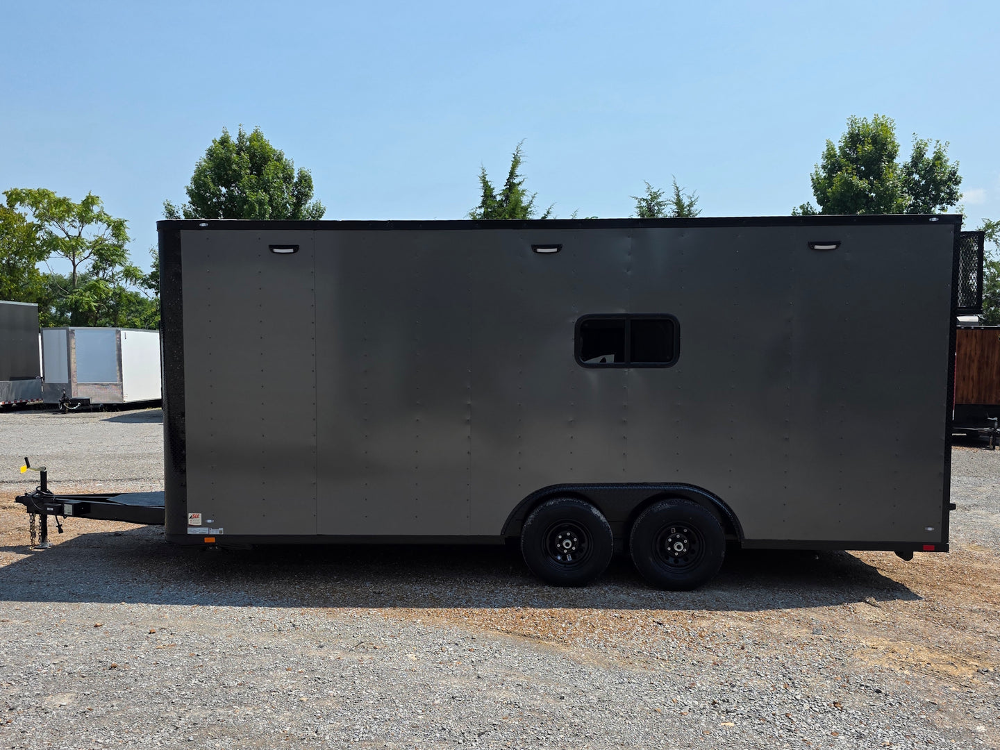 8.5' X 20' Charcoal Grey Custom Enclosed Trailer Mobile Office and Command Center Open right side picture 