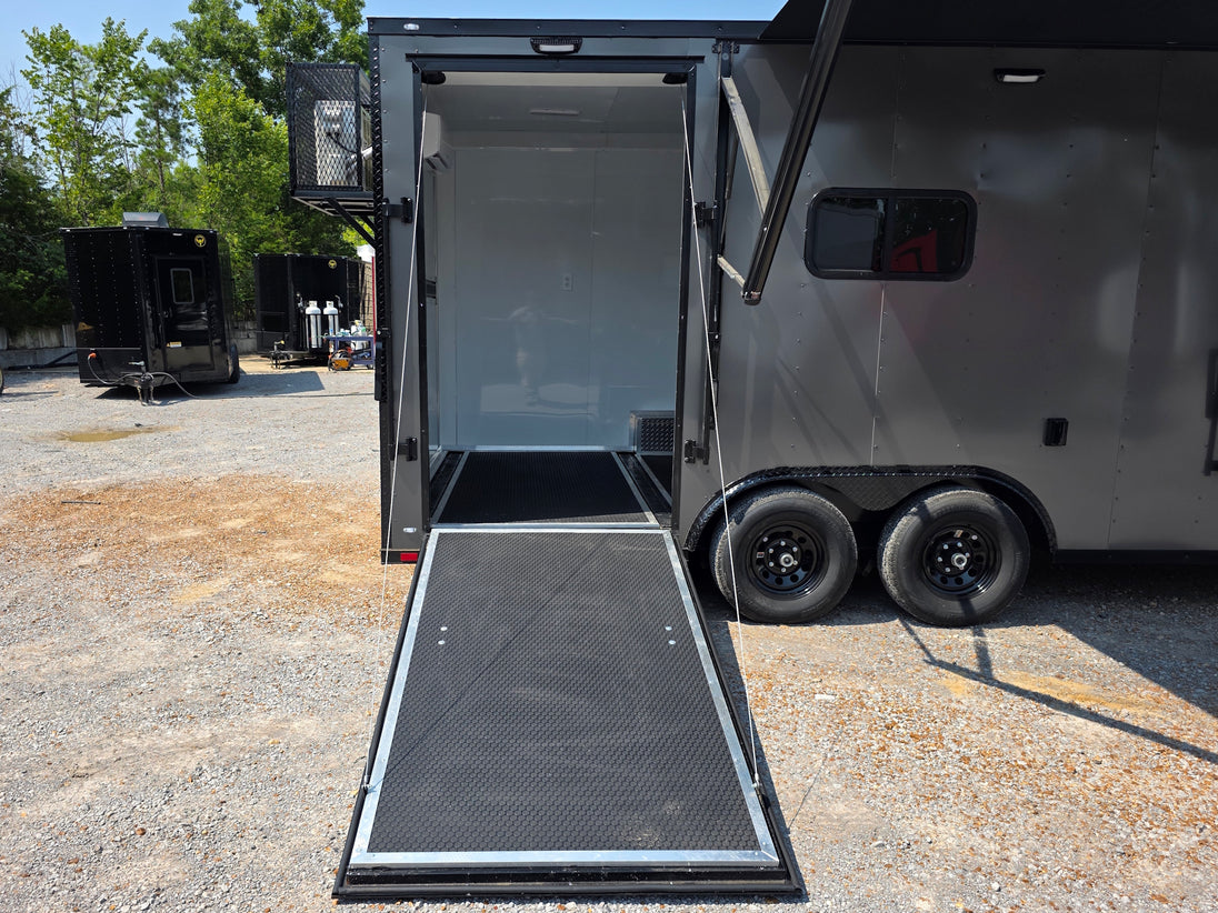 8.5' X 20' Charcoal Grey Custom Enclosed Trailer Mobile Office and Command Center Ramp picture 