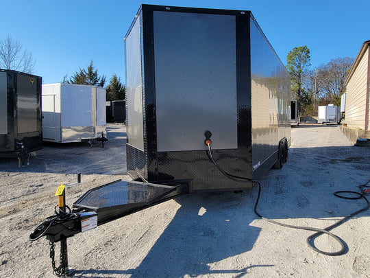 8.5' X 20' Charcoal Grey Office and Mobile Command Center Enclosed Trailer Front Drivers Side