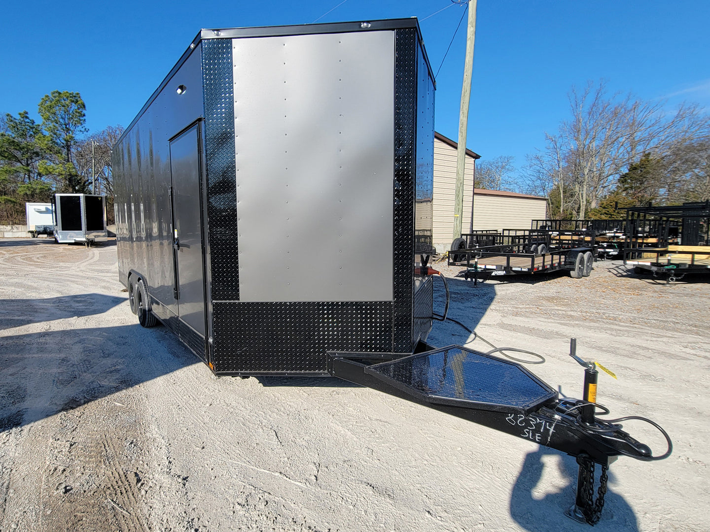 8.5' X 20' Charcoal Grey Office and Mobile Command Center Enclosed Trailer Front Passenger Side