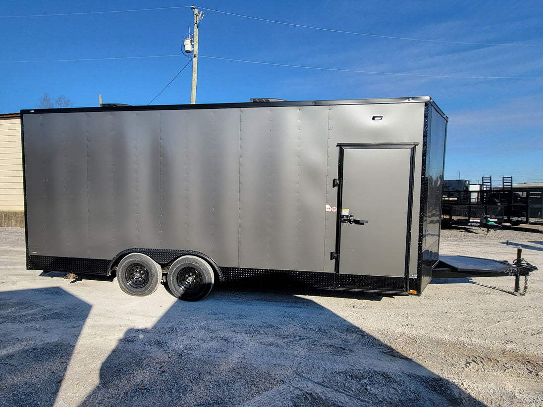 8.5' X 20' Charcoal Grey Office and Mobile Command Center Enclosed Trailer Passenger Side
