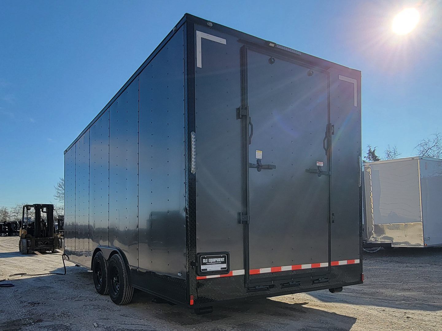 8.5' X 20' Charcoal Grey Office and Mobile Command Center Enclosed Trailer Rear Drivers Side Corner Angle 