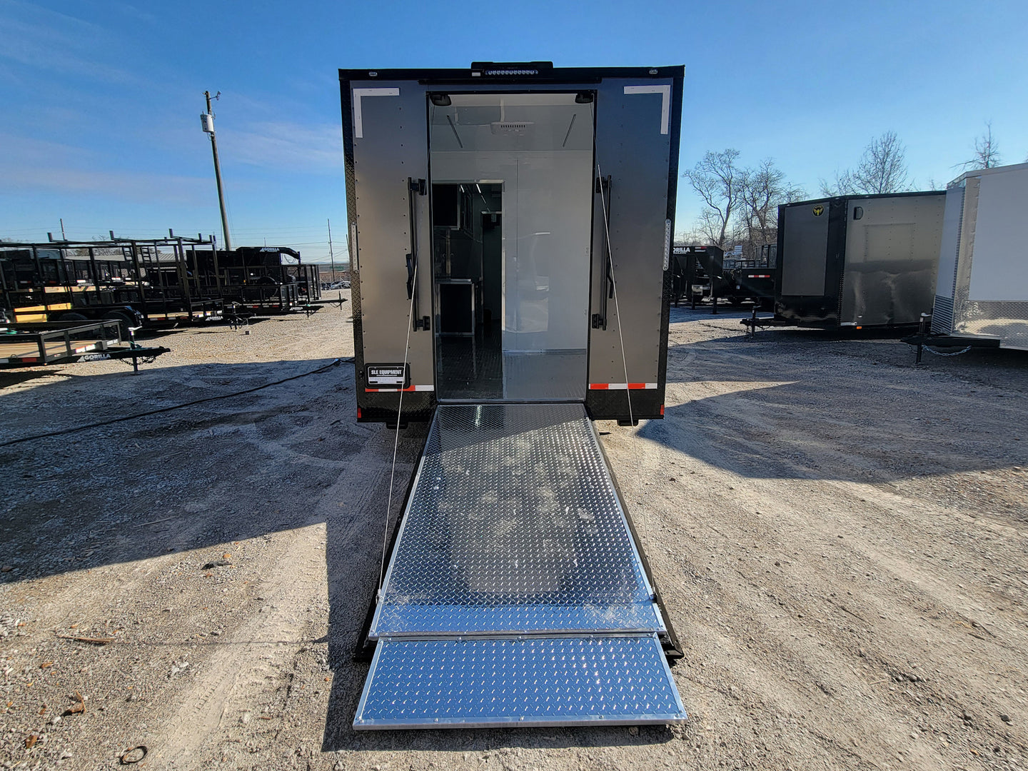 8.5' X 20' Charcoal Grey Office and Mobile Command Center Enclosed Trailer Rear Ramp Down
