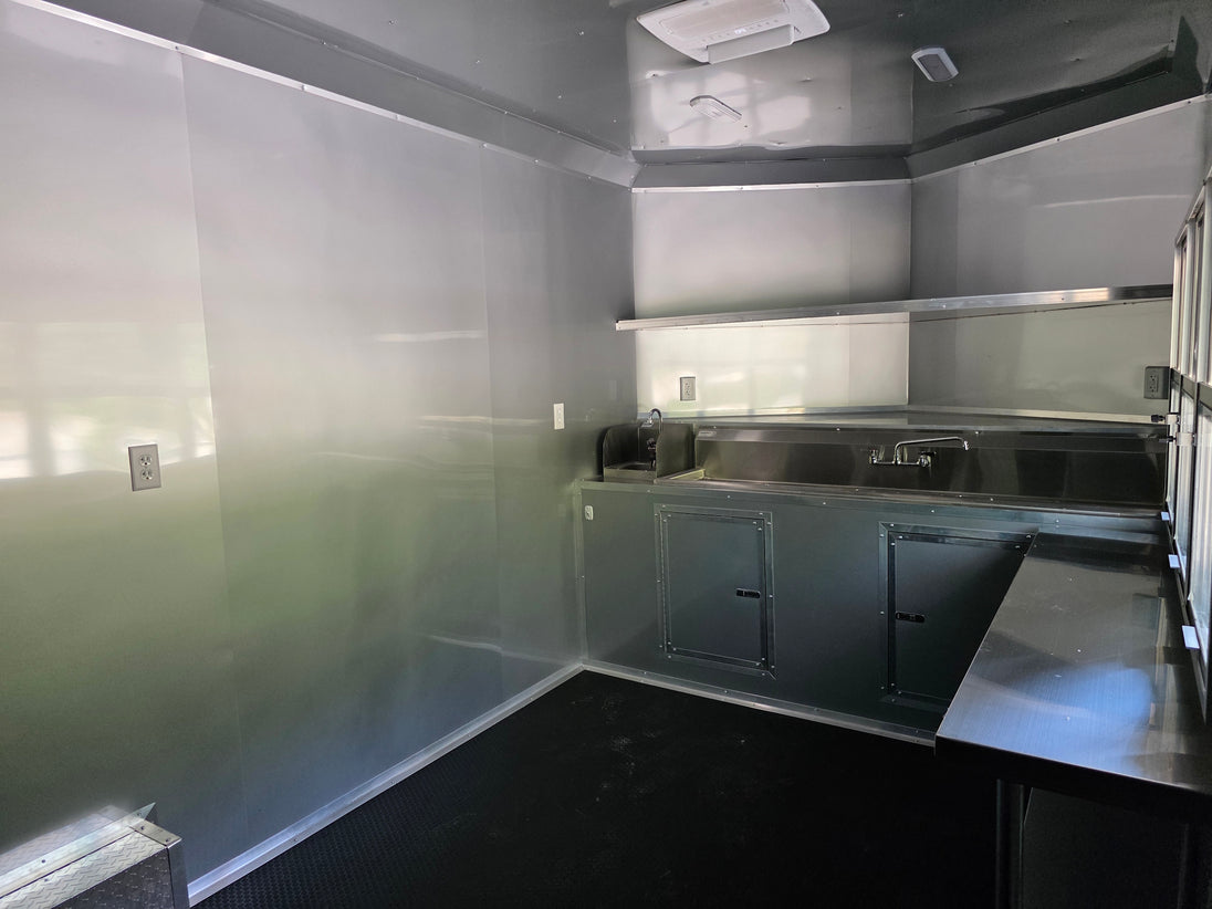 8.5' X 20' Food Event Concession Trailer with 6' Screened Porch Interior back right angle picture 