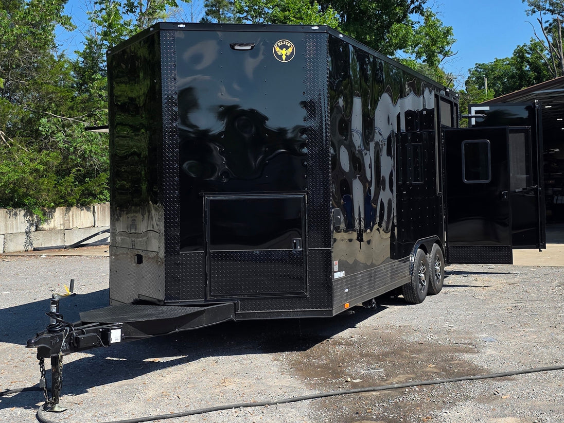 8.5' X 20' Food Event Concession Trailer with 6' Screened Porch Open front right angle picture 