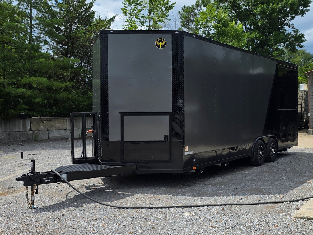 8.5' X 22' Concession Trailer Charcoal Grey and Black Two Tone Food Event Catering Front right angle picture 