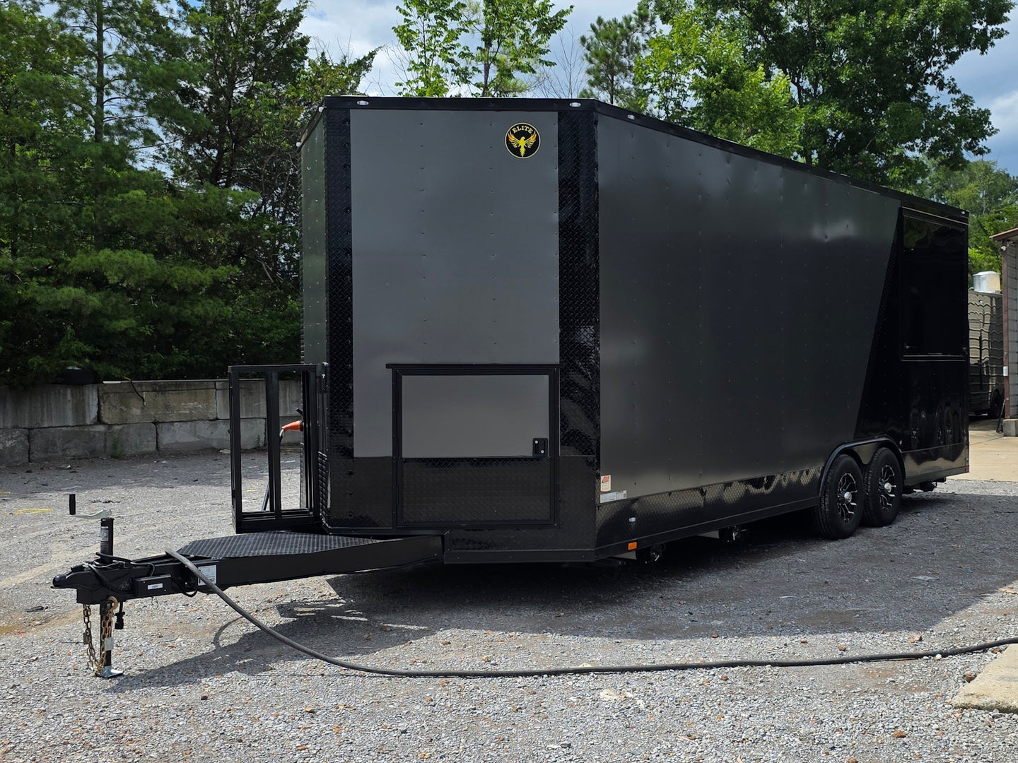 8.5' X 22' Concession Trailer Charcoal Grey and Black Two Tone Food Event Catering Front right angle picture 