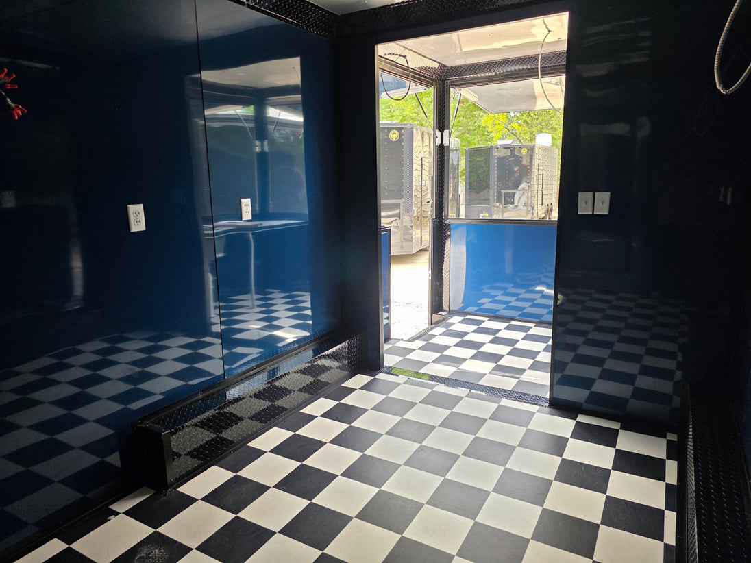 8.5' X 22' Concession Trailer Charcoal Grey and Black Two Tone Food Event Catering Interior front right angle picture 