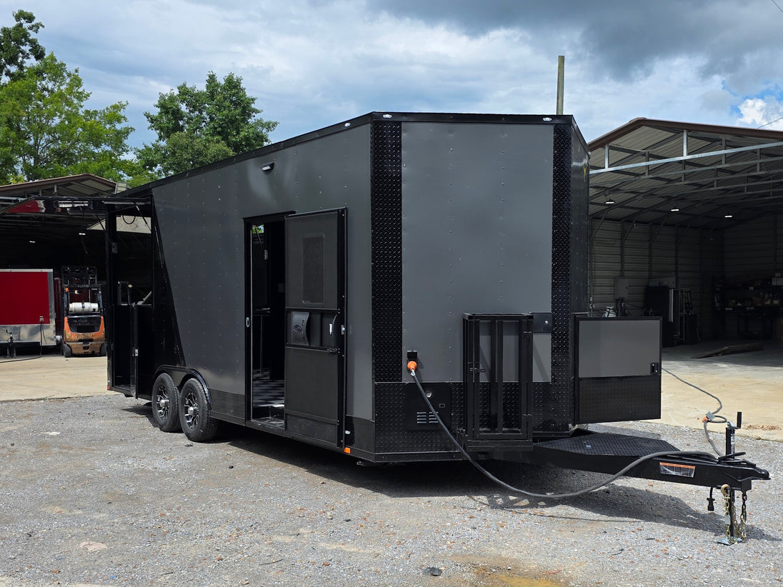8.5' X 22' Concession Trailer Charcoal Grey and Black Two Tone Food Event Catering Open front left angle picture 