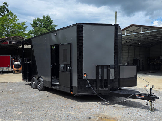 8.5' X 22' Concession Trailer Charcoal Grey and Black Two Tone Food Event Catering Open front left angle picture 