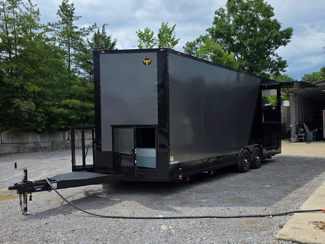 8.5' X 22' Concession Trailer Charcoal Grey and Black Two Tone Food Event Catering Open front right angle picture 