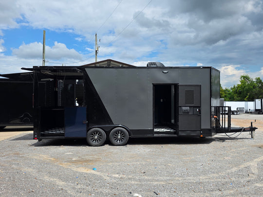 8.5' X 22' Concession Trailer Charcoal Grey and Black Two Tone Food Event Catering Open left side picture 