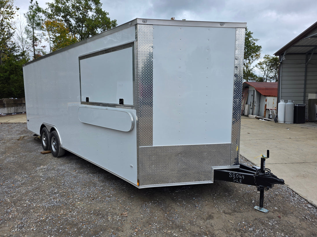 8.5' X 22' White Custom Concession Trailer Food Event Catering Passenger Side Front Corner 