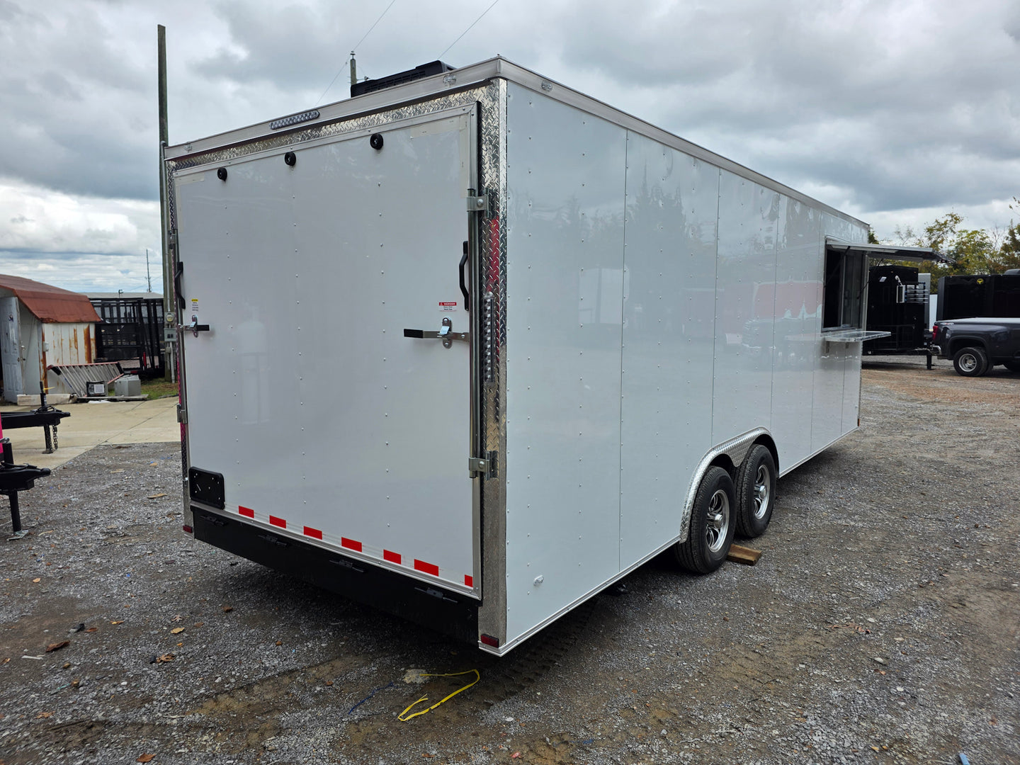 8.5' X 22' White Custom Concession Trailer Food Event Catering Passenger Side Rear Corner Concession Window Up