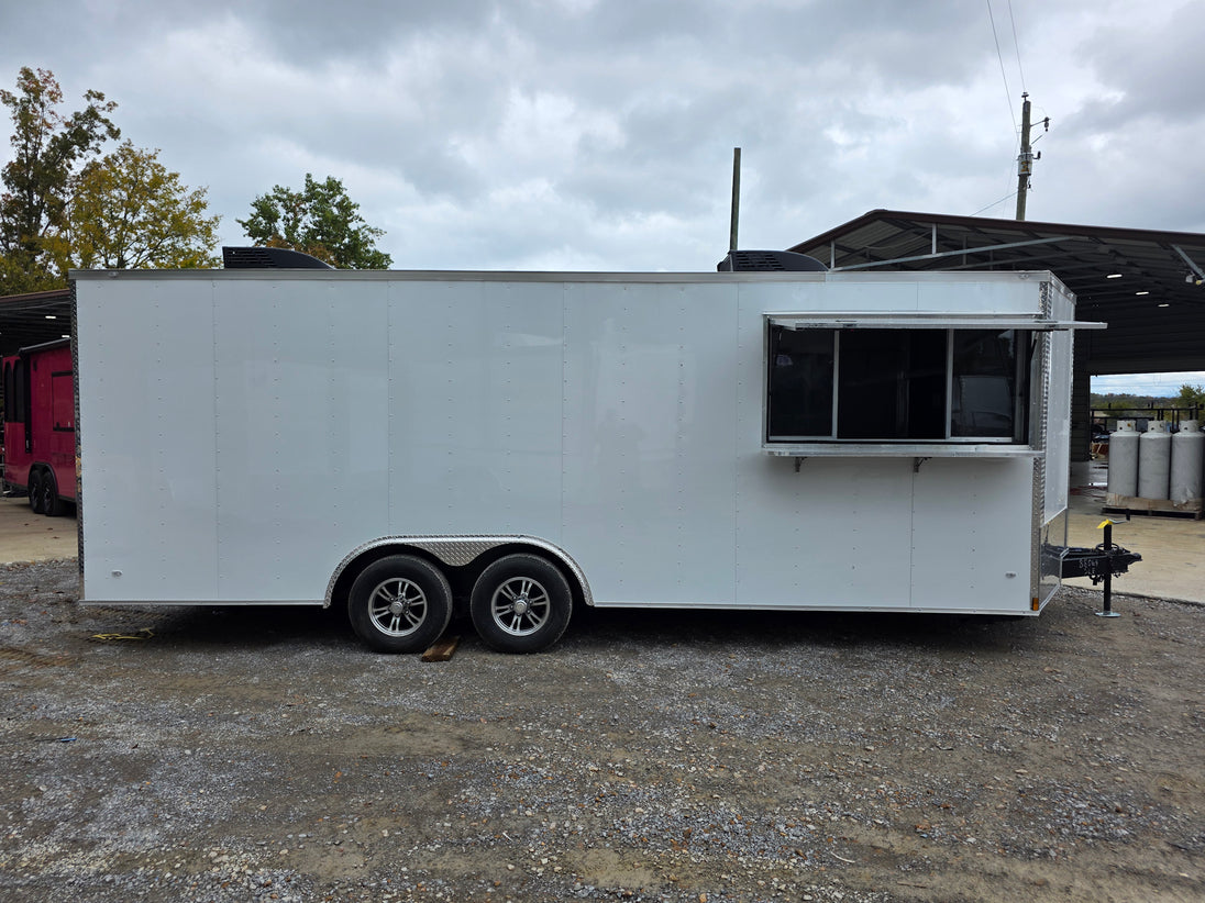 8.5' X 22' White Custom Concession Trailer Food Event Catering Passenger Side Concession Window Up 