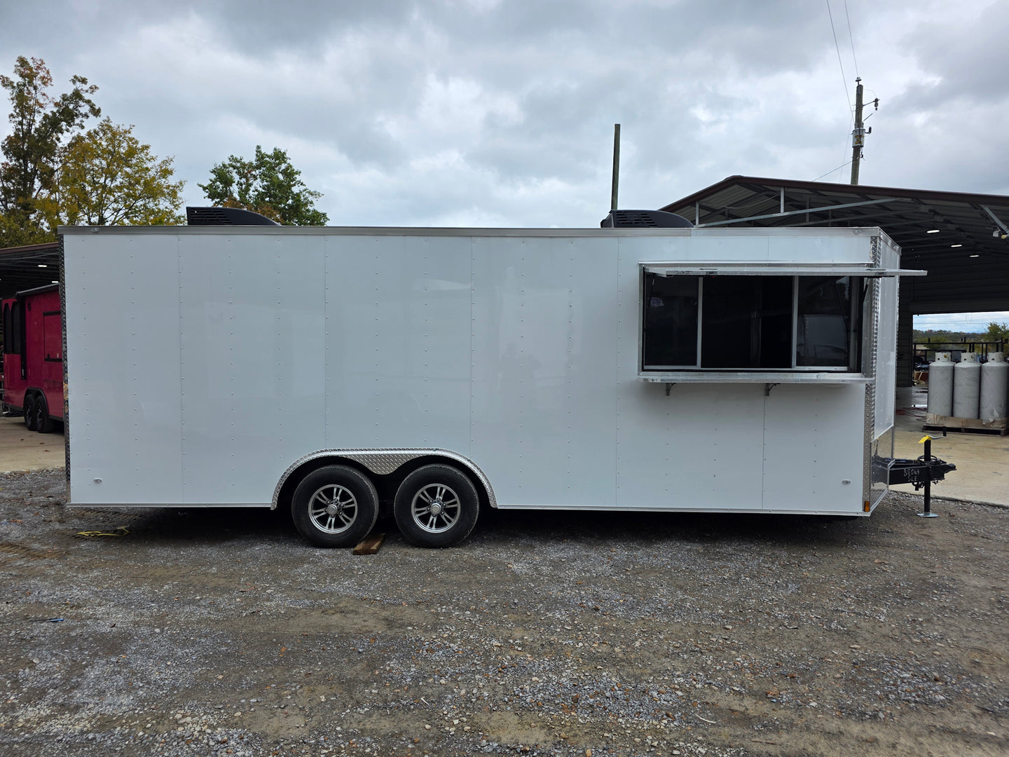 8.5' X 22' White Custom Concession Trailer Food Event Catering Passenger Side Concession Window Up 