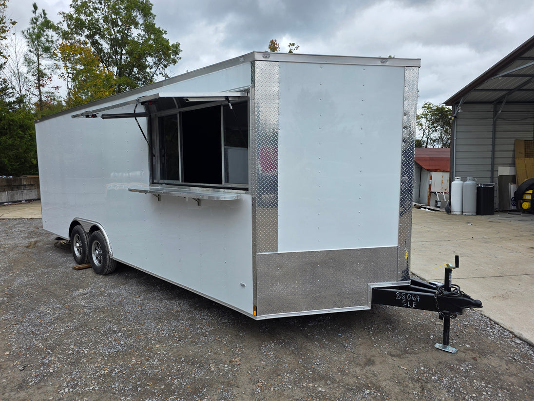 8.5' X 22' White Custom Concession Trailer Food Event Catering Passenger Side Front Corner Concession Window Up