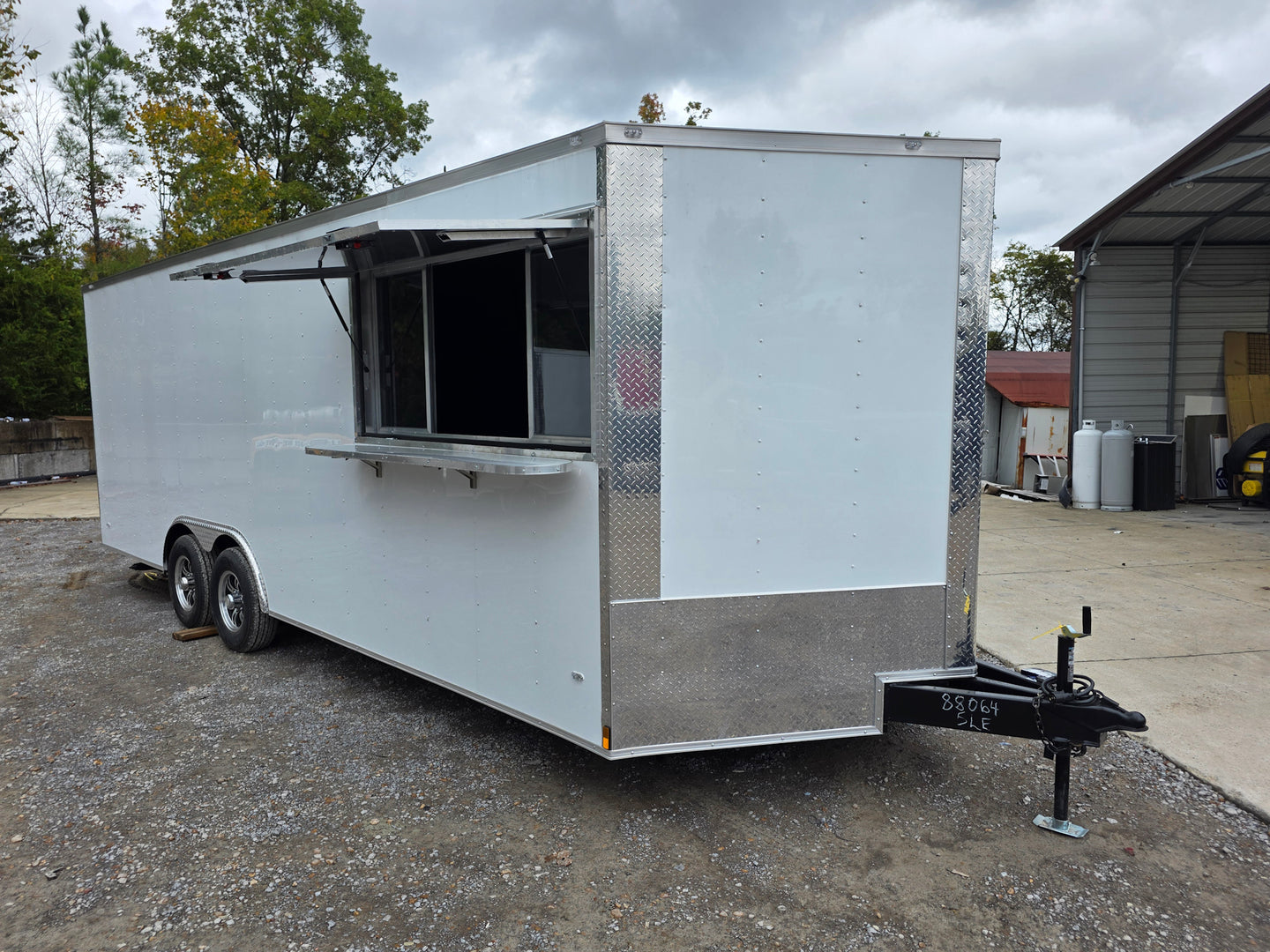 8.5' X 22' White Custom Concession Trailer Food Event Catering Passenger Side Front Corner Concession Window Up