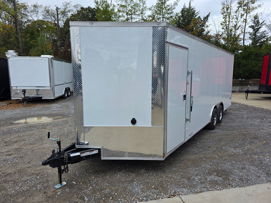 8.5' X 22' White Custom Concession Trailer Food Event Catering Drivers Side Front Corner 