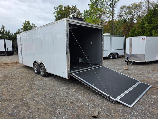 8.5' X 22' White Custom Concession Trailer Food Event Catering Driver Side Rear Corner Ramp Down