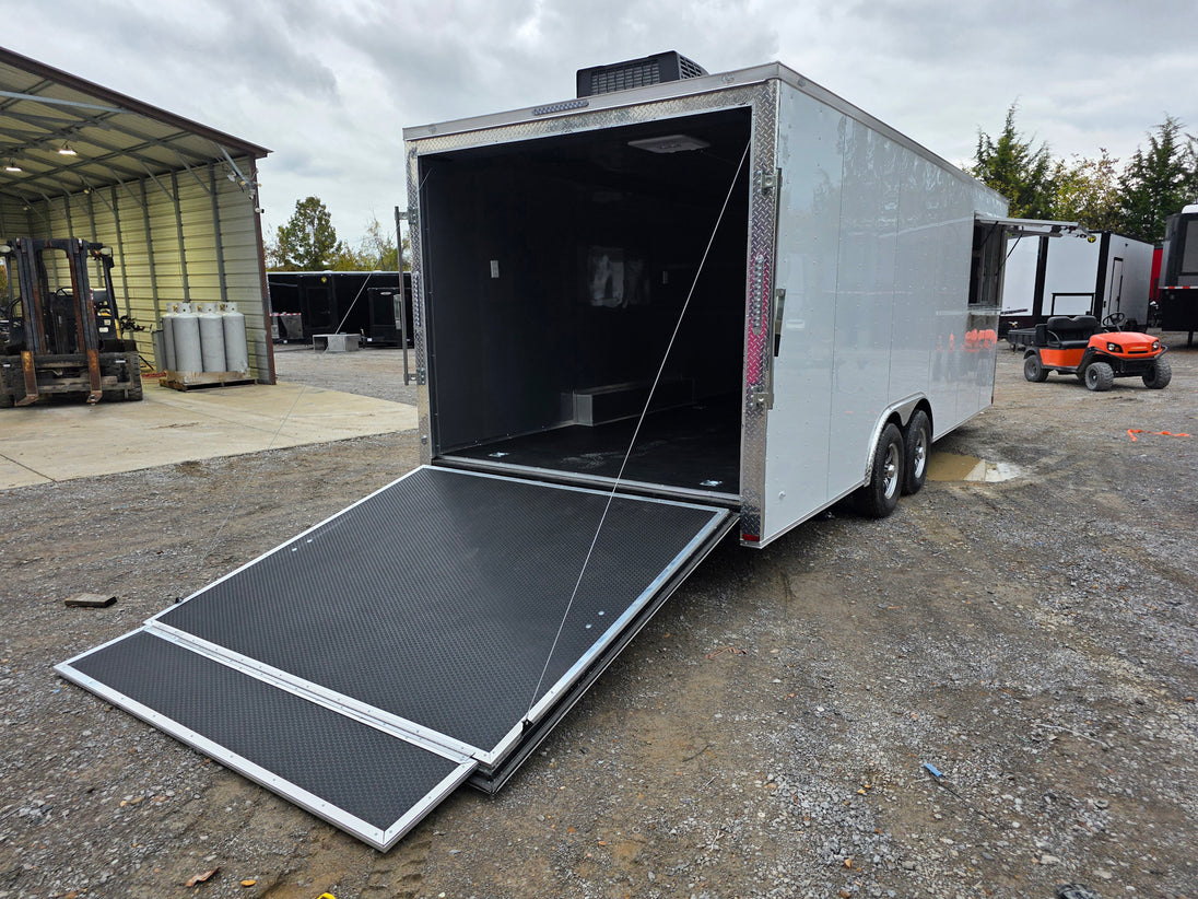 8.5' X 22' White Custom Concession Trailer Food Event Catering Passenger Side Rear Corner Ramp Down and Concession Window Up