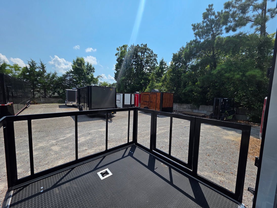 8.5' X 24' Black Custom Enclosed Trailer For Marketing and Showcase Events back porch front left angle picture 