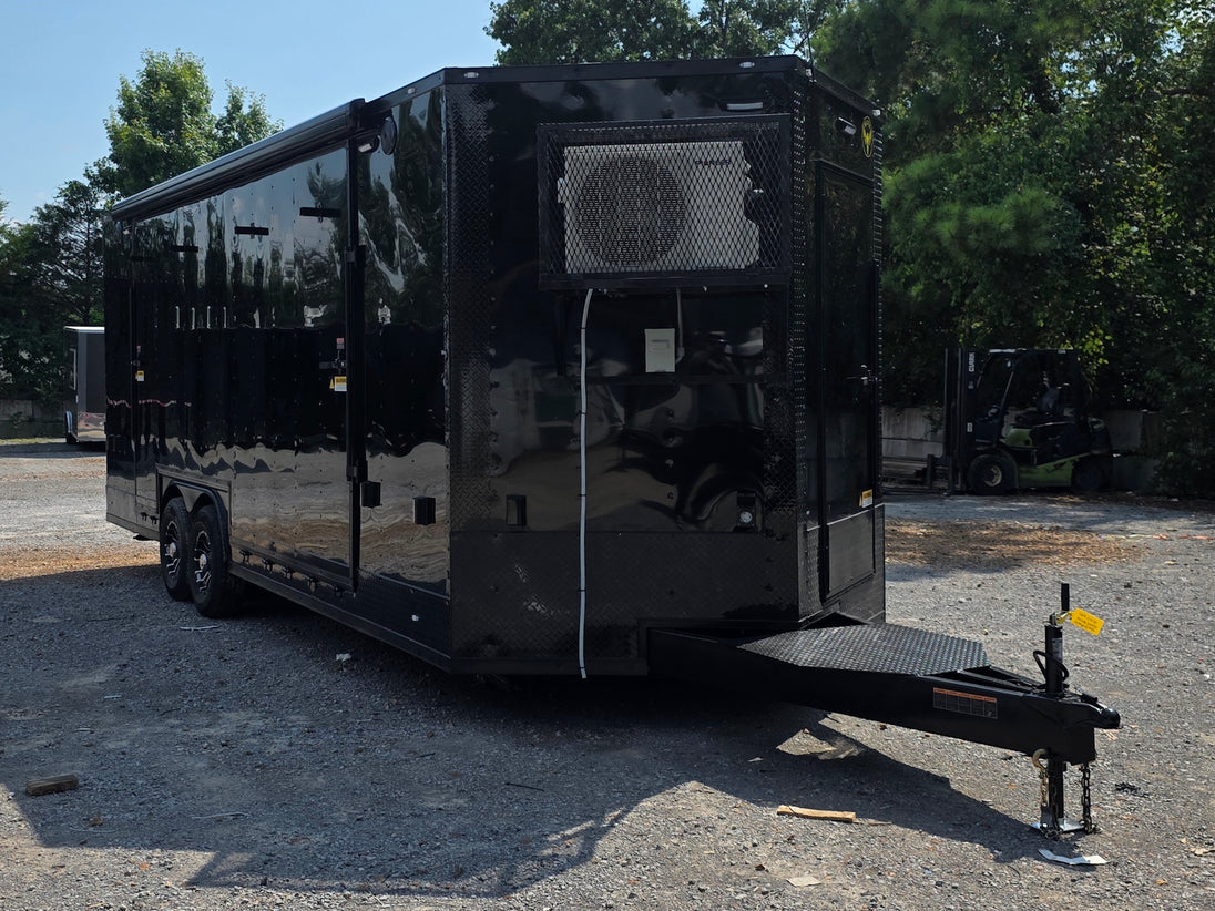 8.5' X 24' Black Custom Enclosed Trailer For Marketing and Showcase Events Front left angle picture 