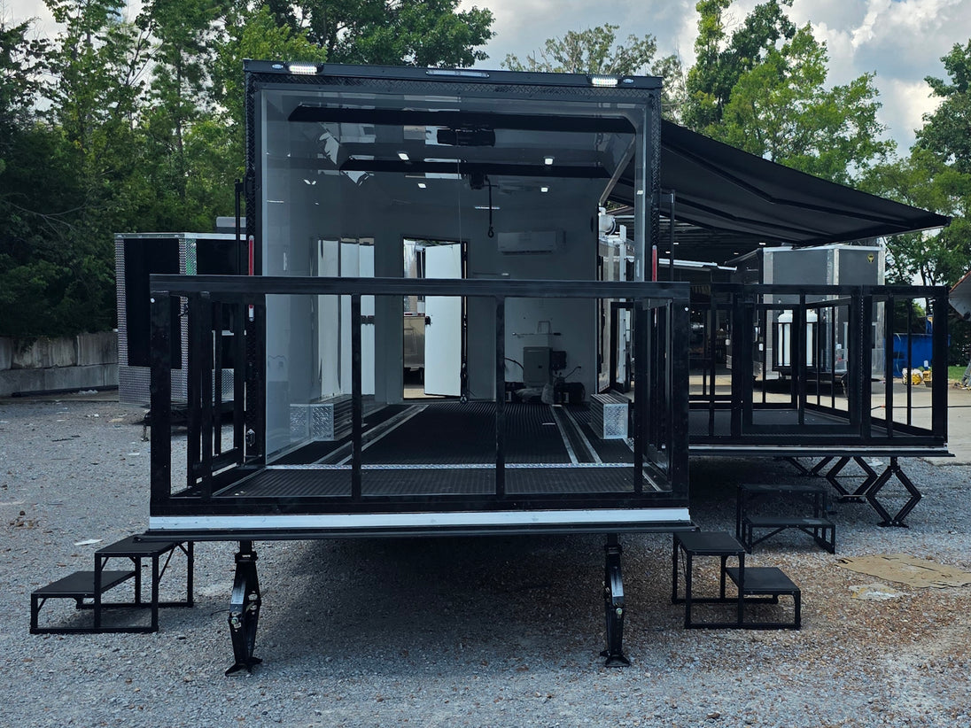 8.5' X 24' Black Custom Enclosed Trailer For Marketing and Showcase Events Open back side picture 