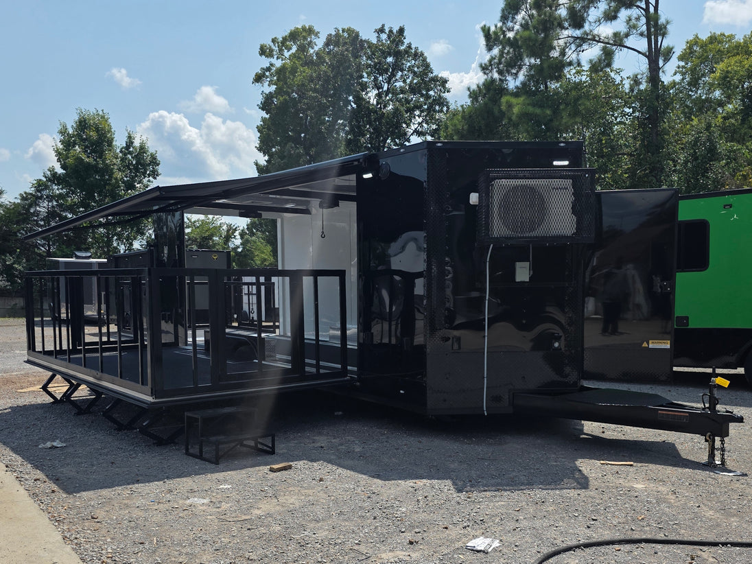 8.5' X 24' Black Custom Enclosed Trailer For Marketing and Showcase Events Open front left angle picture 