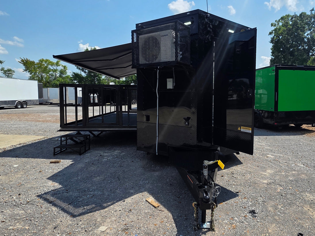 8.5' X 24' Black Custom Enclosed Trailer For Marketing and Showcase Events Open front side picture 