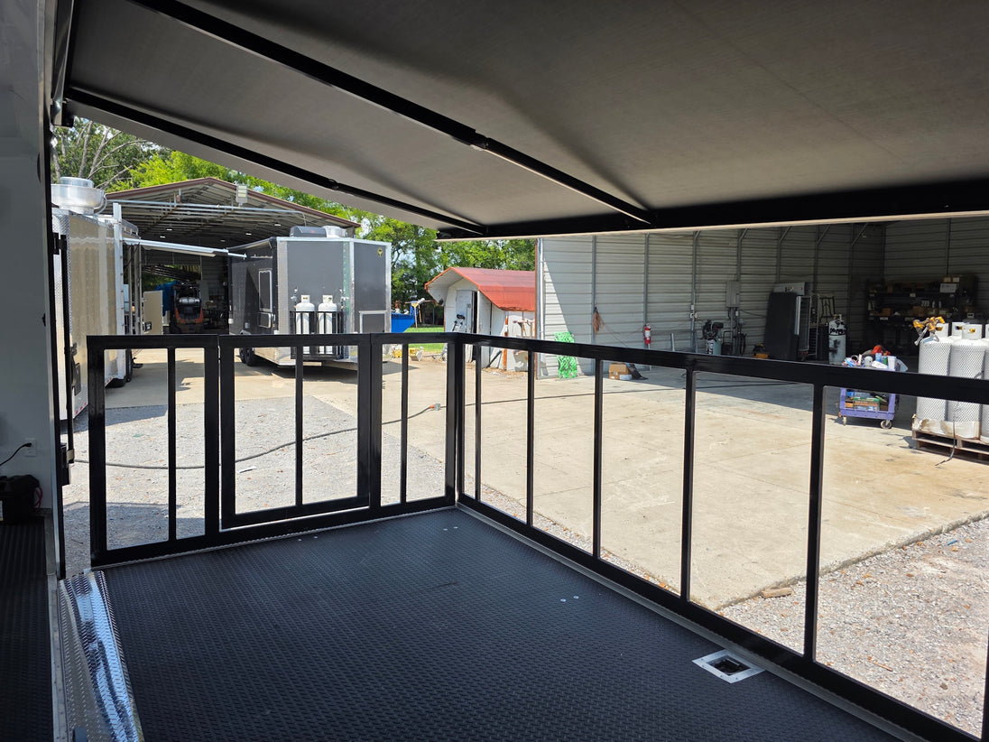 8.5' X 24' Black Custom Enclosed Trailer For Marketing and Showcase Events Side porch back left angle picture 