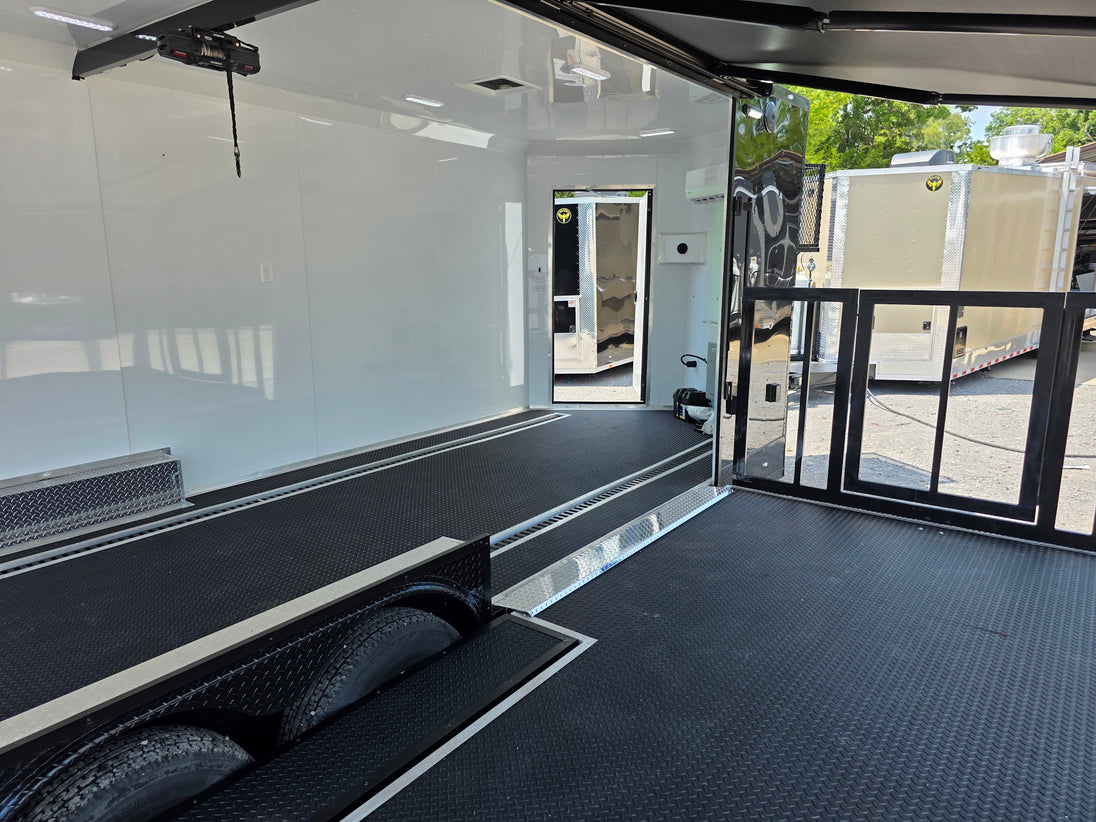 8.5' X 24' Black Custom Enclosed Trailer For Marketing and Showcase Events Side porch back right angle picture 