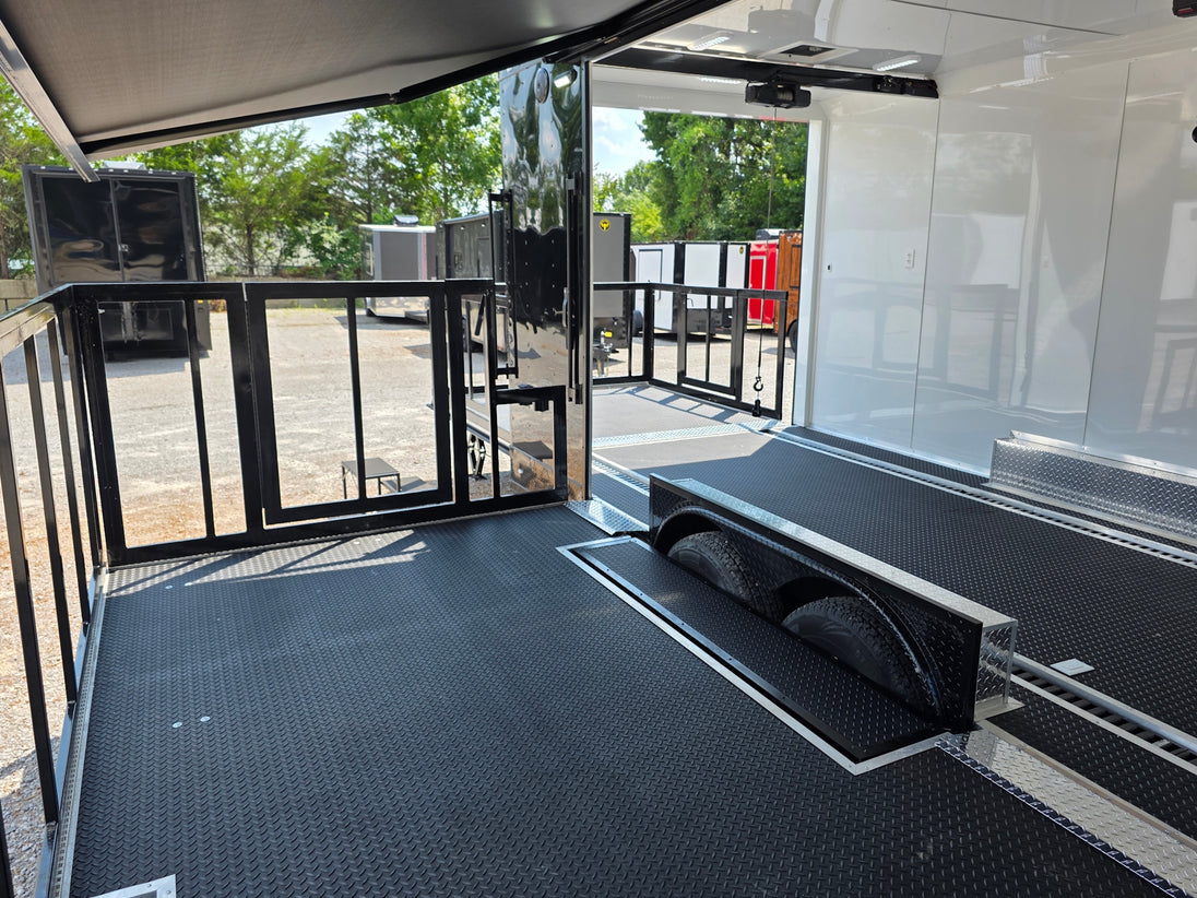8.5' X 24' Black Custom Enclosed Trailer For Marketing and Showcase Events Side porch front left angle picture 