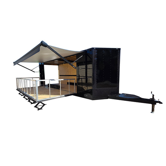 8.5' X 24' Black With Blackout Custom Stage Trailer Corer Shot White Background