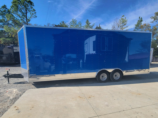 8.5' X 24' Cobalt Blue Stage & Event Marketing Concession Trailer Drivers Side Shot 