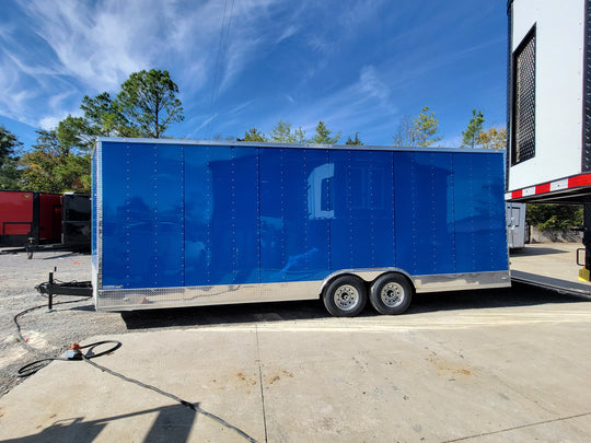 8.5' X 24' Cobalt Blue Stage & Event Marketing Concession Trailer Drivers Side View Ramp Down